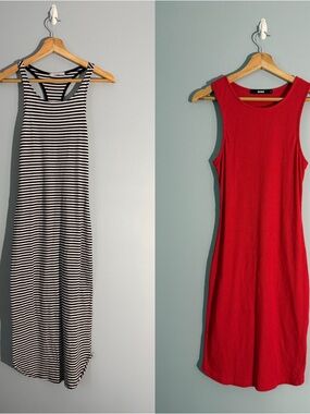 Striped Black & White Maxi Dress and Red Tank Midi Dress Bundle